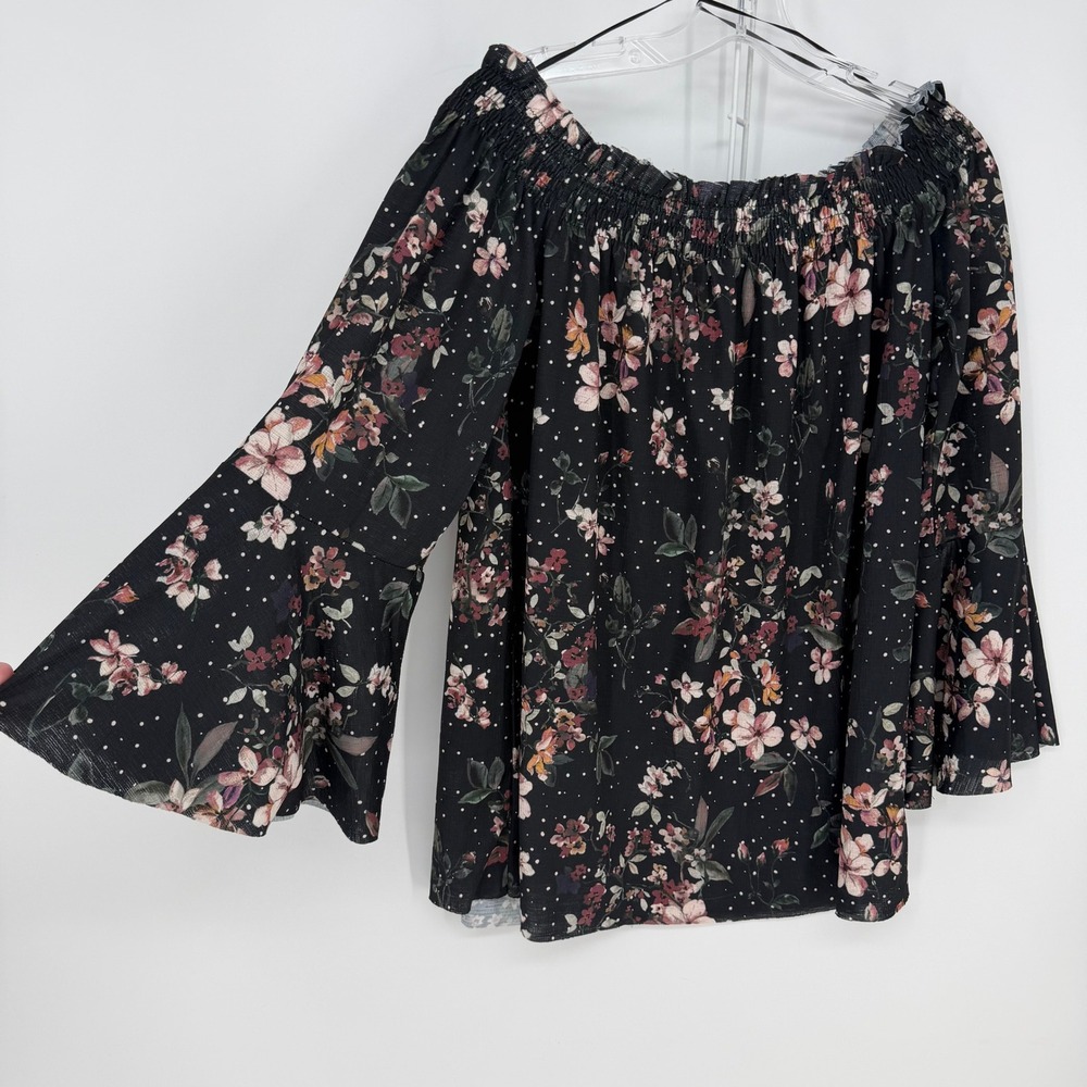 Pull&Bear Top Women L Black Floral Polka Dot Off Shoulder Bell Sleeve Boho Fairy